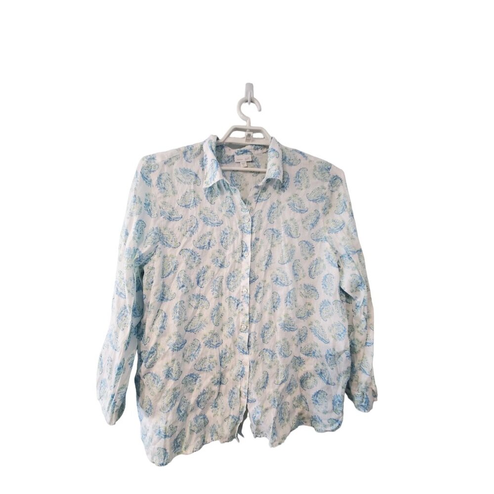 J Jill Love Linen top womens size XL white blue green paisley button up